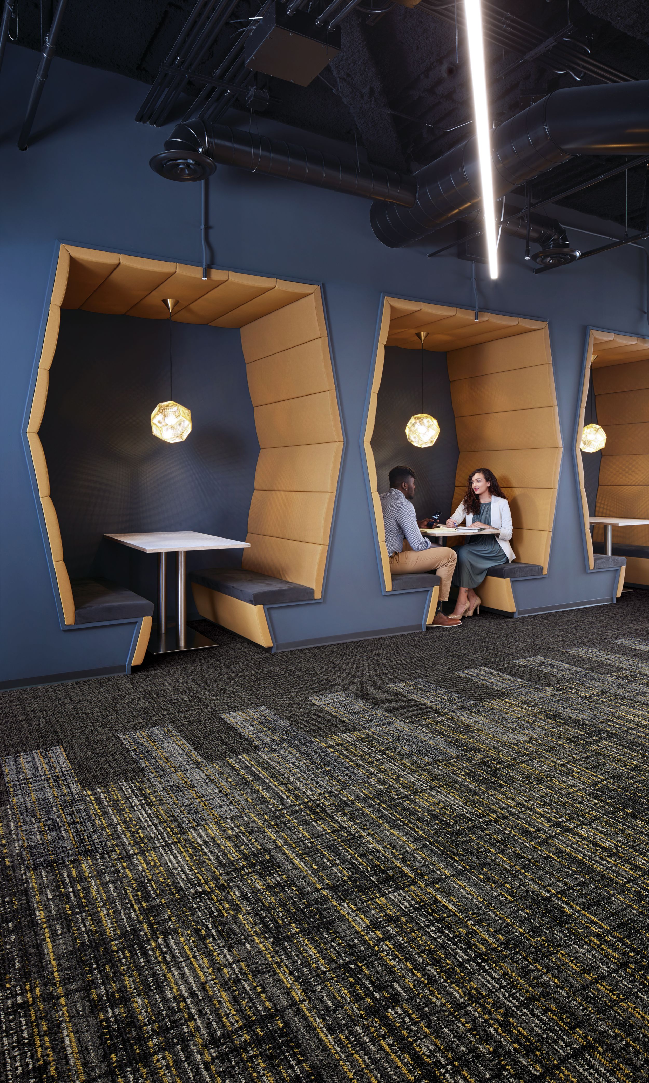 Interface Source Material and Upload plank carpet tile in a common space with booths  image number 9